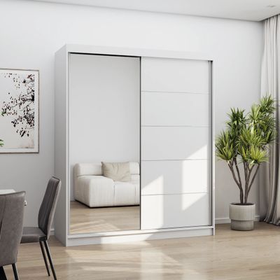 Kleiderschrank, Schiebetürenschrank, Schrank, Schwebetürenschrank 160 cm Weiß/Weiß mit Spiegel Bono 05