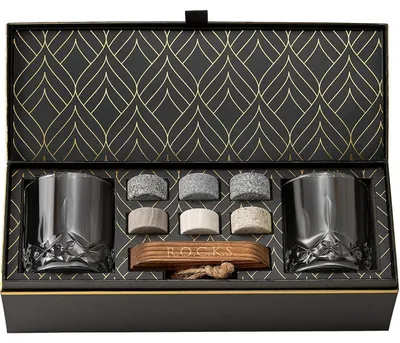 Produktbild von Whiskey Steine Set 6 Granitsteine 2 Kristallgläser Hartholzbrett Geschenkbox