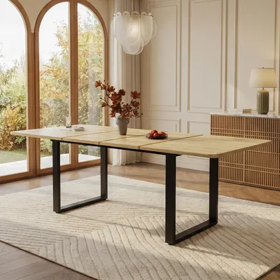 Produktbild von Flieks Ausziehbarer Esstisch mit Metallbeine, Esszimmertisch, 3 Längen, 140/180/220x80 cm, für 6-10 Personen,Tisch für Esszimmer, Küche,Naturholzfarbe