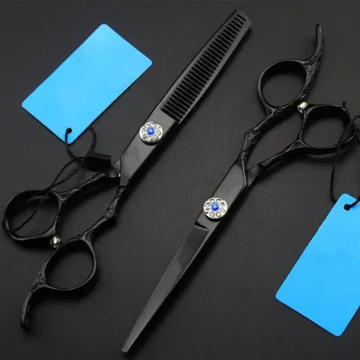 Produktbild von Schwarze Haarschneideschere, 6 Zoll, professionelle japanische 440c-Schere zum Schneiden und Effilieren von Friseurhaar