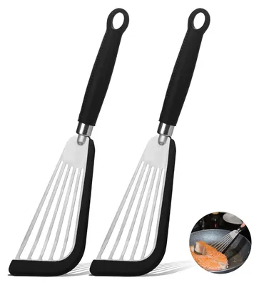 Produktbild von 2-teiliger Silikon-Fischwender, Edelstahl, hitzebeständig und flexibel, für beschichtete Pfannen, Fisch, Eier, Steaks, Pfannkuchen, Silikongriff – schwarz