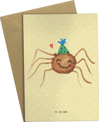 Produktbild von Mr. & Mrs. Panda Glückwunschkarte Spinne Agathe Party - Gelb Pastell - Geschenk, Grußkarten, Motivation, hochzeitskarten, weihnachtskarten, einladungskarten, osterkarten