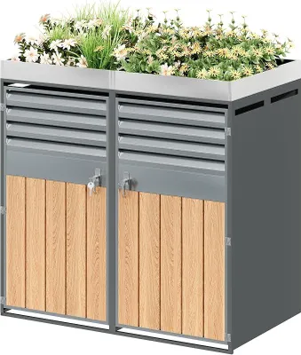 Produktbild von Mülltonnenbox 2er mit Holzoptik Sichtstreifen und Pflanzfläche, Bis 240L, Abschließbar Müllcontainer für 2 Tonnen, Verzinktem Stahl, Garten Müllbox, 132×80×124,5, Grau, HD26030404 (1)