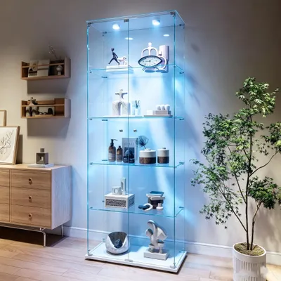 Zdjęcie produktu dla INONEFT, witryna szklana z 2 drzwiami i oświetleniem LED, witryna kolekcjonerska z 5 półkami, szafka witrinowa, nowoczesna witryna, witryna stojąca, wymiary: 183 x 80,6 x 36,5 cm, kolor: biały