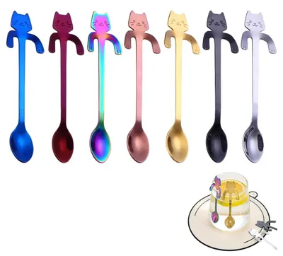 Produktbild von Katzen-Teelöffel Katzen Teelöffel - 7 Stück - Hängende Kaffeelöffel aus Edelstahl 304 - Dessertlöffel - 7 Farben - Für Kaffee, Tee, Eis und Desserts