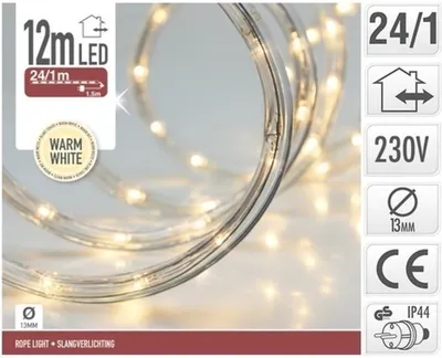 Productafbeelding van 12 meter lange LED-lichtslang, met transparante kabel, geschikt voor zowel binnen- als buitengebruik