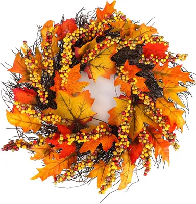 Produktbild von Herbstkranz mit Ahornblättern und Beeren, Herbstkranz, Herbsterntekranz, Halloween-Dekoration, Sonnenkranz mit gemischten Früchten, Erntedank-Dekoration