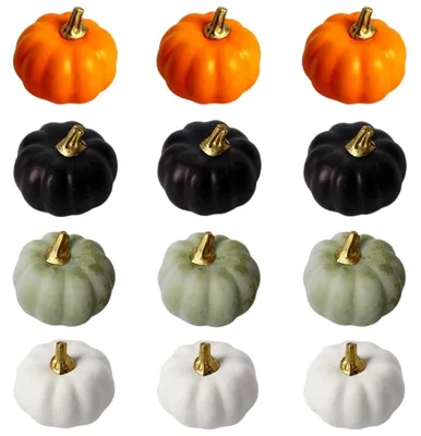 Obrázek produktu pro Umělé dýně, dekorace, 12 kusů. Dekorativní dýně z pěny, vhodné pro podzim, Halloween a Den díkůvzdání. Směs barev, ideální jako dekorace na stůl