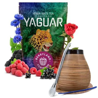 Produktbild von Yaguar - Mate Tee Set Berryland 500g - Mate Becher 350ml, Bombilla - Milder Geschmack, Ohne Bitterkeit - Mit Zubehör - Yerba Mate Brasilien