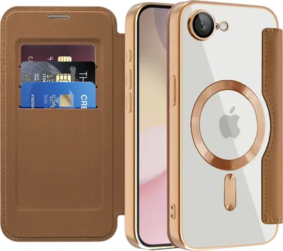 Image de Étui pour iPhone 16e/iPhone 17e compatible MagSafe, étui transparent avec porte-cartes, étui en cuir avec protection pour l'appareil photo, marron