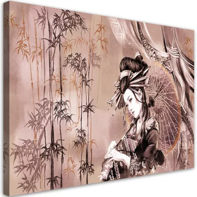 Produktbild von Leinwandbild geisha und bambus 100x70 cm Feeby rot wandbild bereit zum aufhängen