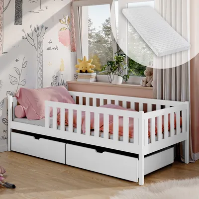 Obrázok produktu pre Detská posteľ 90x200 s dvoma zásuvkami, ochrana proti vypadnutiu, lamelový rošt a matrac, detská posteľ | bezpečná a stabilná | iné rozmery 80x160, 80x180, 90x190 cm | 90x200 cm: od 4 do 18 rokov, biela