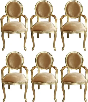 Produktbild von Casa Padrino Luxus Barock Esszimmer Set Medaillon Gold / Gold 58 x 54 x H. 103 cm - 6 handgefertigte Esszimmerstühle mit Armlehnen - Barockmöbel