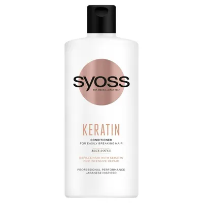 A white bottle of Syoss Keratin Conditioner with a black cap and a pink circular logo.
