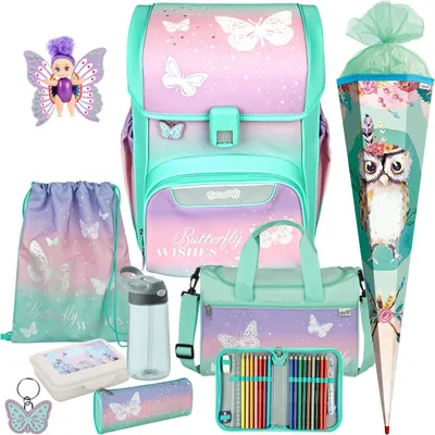 Produktbild von Scooli Schulranzen 1. Klasse Mädchen Butterfly Wishes EasyStart 10tlg.Set mit Sporttasche, Brotdose, Trinkflasche, Fairy-Püppchen und Schultüte RE