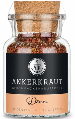 Produktbild von Ankerkraut Döner Gewürz, Pulverförmige Gewürze, Basilikum, Schwarzer Pfeffer, Chili, Kreuzkümmel, Knoblauch, Oregano, Meersalz, Süßer Paprika, Konservierungsmittel, 80 g, Glaskanne, 1 Stück(e)