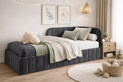 Produktbild von Bett Mario 120x200 cm, Polsterbett mit Metallrahmen, Jugendbett mit Bettkasten, Jasmine-Stoff, Graphit, Rechts