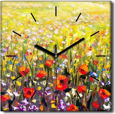 Produktbild von Coloray Uhr auf Leinwand 30x30 cm Wand Uhr Dekoration Wohnzimmer Segeltuch schwarze Hände -Landschaft der Wieseblumen
