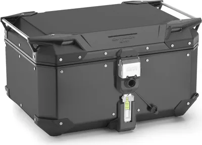 A black motorcycle top case is shown against a light gray background.