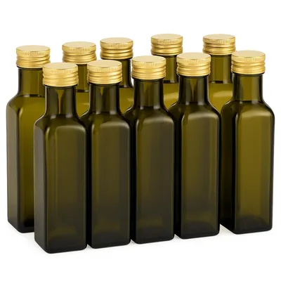 Produktbild von gouveo 10er Set Glasflasche 250 ml Maraska Antik mit Schraubdeckel goldfarben - Leere Flasche 0,25 l zum Befüllen - Glasflasche für Likör, Essig, Öl