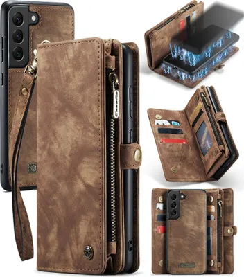 Produktbild von Schutzhülle für Samsung Galaxy S22 5G, Vintage Multifunktions Lederhülle, Kartenfächer, Reißverschluss Hülle Braun