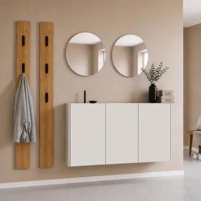 Produktbild von Garderobenset 5-teilig mit Schuhschrank, 2 Spiegeln & 2 Garderobenpaneelen in Beige mit Eiche - LAPUA-01