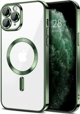 Image de Coque magnétique transparente pour iPhone 11 Pro Max, compatible MagSafe, coque de protection galvanisée avec protection de l'appareil photo vert foncé