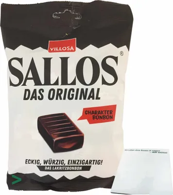 Produktbild von Villosa Sallos Das Original Hartkaramellen mit Lakritzgeschmack (150g Packung) + usy Block