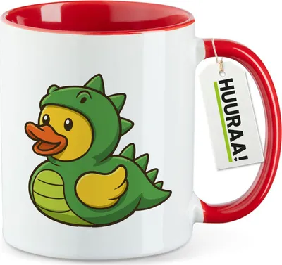 Produktbild von Huuraa Kaffeetasse Quietscheente Dinosaurier Gummiente Gärtnerin 330ml Rot Keramik Kaffeebecher Geschenkidee