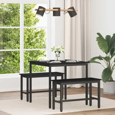 A dining set with a table and two benches is placed in a room with a large window and curtains.