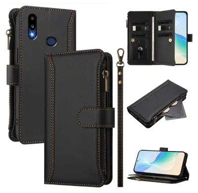 Obrázek produktu pro Pouzdro pro Samsung Galaxy A10s, zipem, peněženkovéPolyuretankožené flip pouzdro s kapsami na karty, stojánkem a poutkem na ruku černý