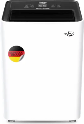 A white dehumidifier with a black top panel displaying controls and a digital readout. A circular sticker with the German flag and text is on the left side of the unit.
