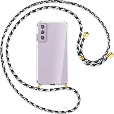 Produktbild von Handykette Backcover-Schutzhülle mit Band (Metall goldfarben) für Samsung Galaxy S21 FE - schwarz/grau/weiß