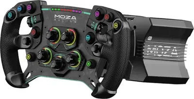 A professional studio shot of a racing steering wheel and its attached base.