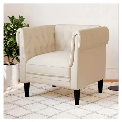 Produktbild von Chesterfield Sessel aus Leinen, klassischer Polstersessel für das Wohnzimmer, bequemer Loungesessel mit gerollten Armlehnen, stabiler Einzelsessel für entspannte Stunden
