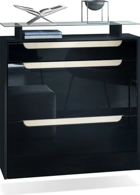 Produktbild von Vladon Schuhschrank Annie, Schuhkipper für 16 Paar Schuhe mit 2 Klappen, 1 Schublade und Glasablage, Schwarz matt/Schwarz Hochglanz/Creme Hochglanz (89 x 96 x 23 cm)