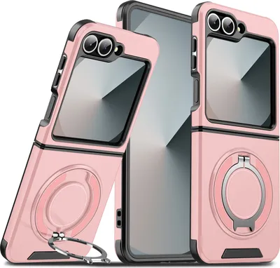 Immagine prodotto di Custodia a doppio strato per Samsung Galaxy Z Flip6 / Z Flip7 FE, con copertura scorrevole della fotocamera e supporto ad anello magnetico Rosa