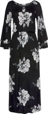 Produktbild von LASCANA Maxikleid mit Blumenprint und Schulter-Cut-Outs, 3/4-Ärmel schwarz-creme-bedruckt Größe 48
