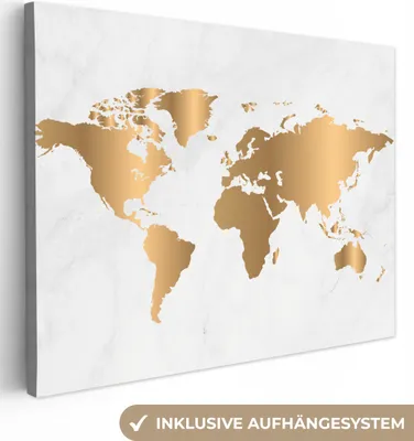 Produktbild von MuchoWow® - Leinwandbilder - Weltkarte - Gold - Marmoroptik - Luxus - Design, Wandbild, Wanddeko Bilder Wohnzimmer, 120x90 cm