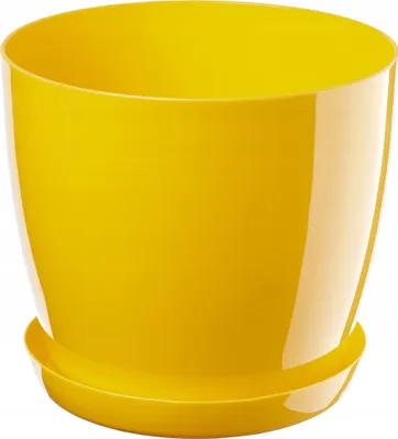 A yellow plastic plant pot with a saucer.
