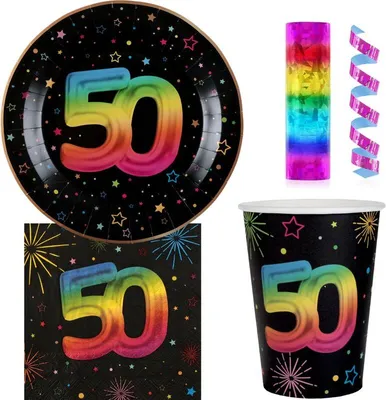 Produktbild von 50. Geburtstag Einweggeschirr bunt Partyset Party Geschirr Pappteller Pappbecher Servietten