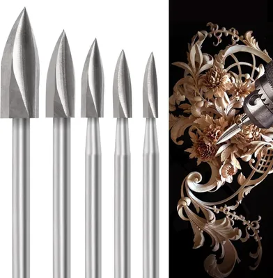 Image de Couteau à sculpter Outils de sculpture sur bois 5 pièces HSS Outils de gravure Bricolage Adultes Accessoires de perçage 1/8 de tige Adaptation universelle pour outils rotatifs
