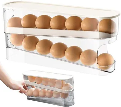 Obrázek produktu pro Uniqoos® úsporný, průhledný organizér na vejce pro 14 vajec, s automatickou funkcí vyklápění (10°), odnímatelné víko, dvoustupňový, stohovatelný, odolný proti rozbití, vhodný do lednice