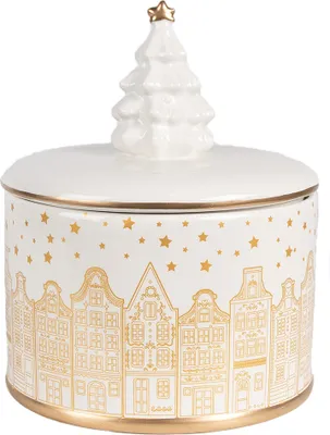 Produktbild von Clayre & Eef Vorratsglasdeckel Ø 15x19 cm Weiß Goldfarbig Keramikmaterial Häuser