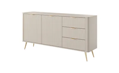 Zdjęcie produktu dla Komoda AVENTO Beżowa 163,2 x 81,2 x 38 cm Ryflowany Front dwudrzwiowa 3 szuflady FENWOOD