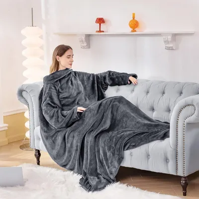 Obrázek produktu pro Televizní deka Aisbo s rukávy a nožičkami - Plyšová deka 150 x 200 cm pro dospělé, tmavě šedá