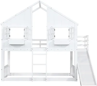 Produktbild von Etagenbett mit Kinderrutsche Dach und Fenster Fallschutzgitter Dreistufiger Leiter Kinderbett Hausbett Jugendbett 90x200cm Weiß