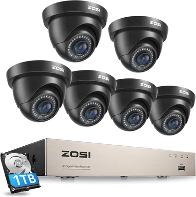 Produktbild von ZOSI 1080P Aussen Überwachungskamera Set, 8CH 1TB HDD DVR und 6X 2MP Dome Kamera, IP66 Wasserdicht, 24M IR Nachtsicht