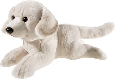 A plush toy dog lying down on a white background.