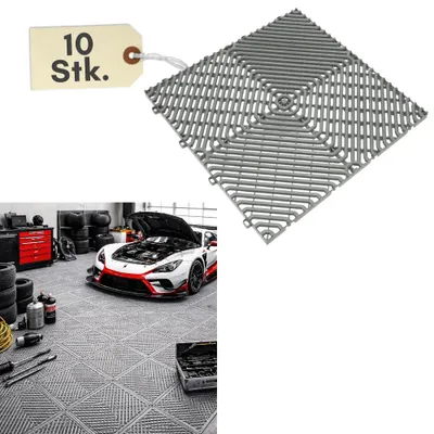 Produktbild von 10x Klickfliesen Bodenplatte Kunststoff Garage Drainagematte Garagenboden Klickfliesen Werkstattboden Ineinandergreifende Fliesen Racing Industrieboden Platten Gitter
